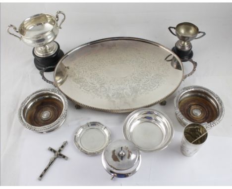 A small collection of silver plated ware to include a pair of silver plated and mahogany wine coasters, a silver plated salve