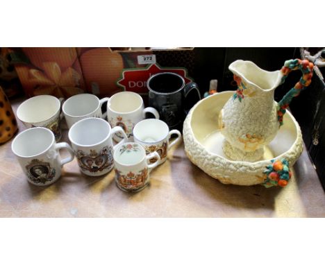 Two pieces of Newport Pottery c1930s 'Celtic Harvest' to include water ewer and fruit bowl, width 28cm and a collection of ro