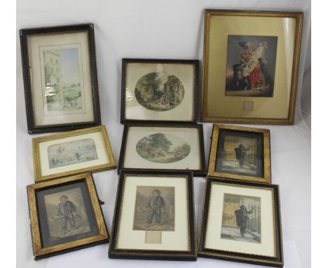 A collection of prints to include two elliptical chromolithographs after George Morland, two pairs of Baxter prints 'Sweep at