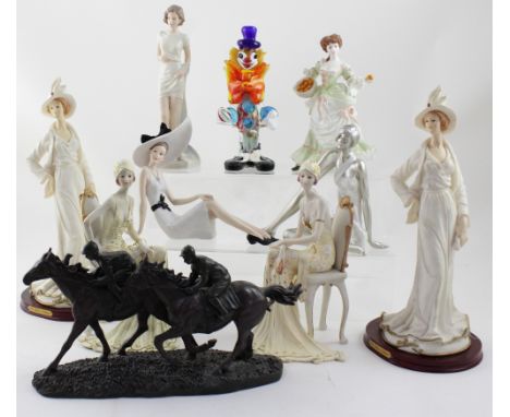A collection of resin cast 'Ladies of Fashion' figures, height of tallest approx 35cm, a ceramic regal figure entitled 'Chels