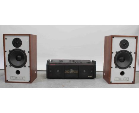 A Hitachi 38 portable cassette player and a pair of Mission 710 speakers, height 52.5cm (3).