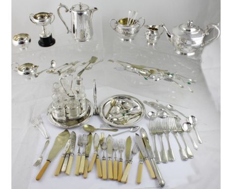 A small quantity of silver plated items to include an Art Deco three-piece tea set, a four-bottle cruet marked with a broad a