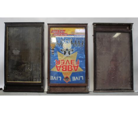 Six Edwardian mahogany advertising/poster cases, two with original posters for Yates's Wine Lodge, one 'Thought for the Day -