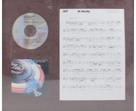 A piece of sheet music 'Mr Blue Sky' by the Electric Light Orchestra, signed by Jeff Lynne, an Electric Light Orchestra 'Out 