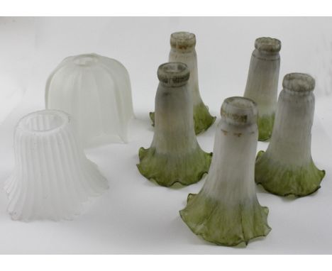 A set of five early 20th century green glass tulip lamp shades, two non-matching c1930s opaque lamp shades and six others (13