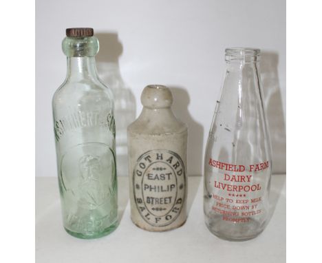 A Gothard of East Philip Street, Salford stoneware ginger beer bottle, height 17cm, an R Southern &amp; Sons of Everton glass