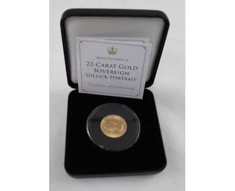 An Elizabeth II 1967 Gillick portrait gold sovereign coin in plastic capsule and velvet-lined black vinyl box, with certifica