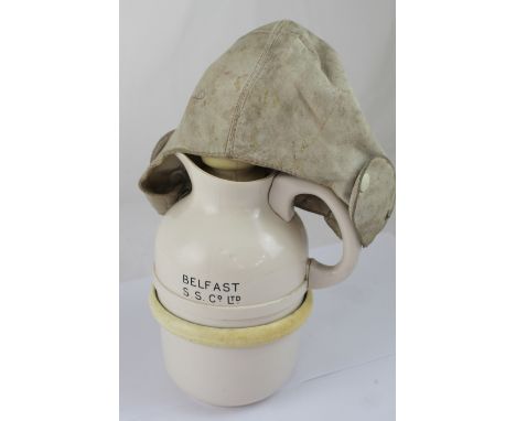 A maritime cabin Thermos flask marked 'Belfast SS Co Ltd', a kid leather 'Warm and Tough Sykes' driving helmet c1930 (2).