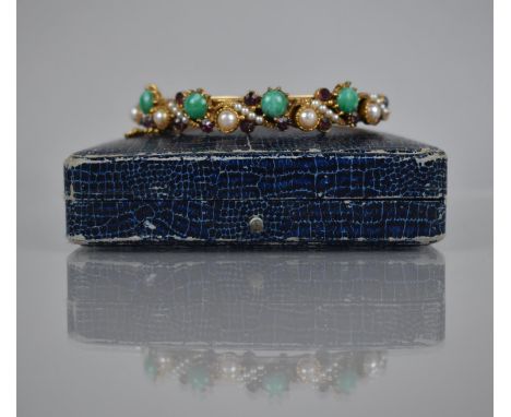 A Good Quality Vintage Gilt Metal Hinged Bangle by Florenza, having Simulated Pearls, Faux Jade and Amethyst Glass Mounts to 