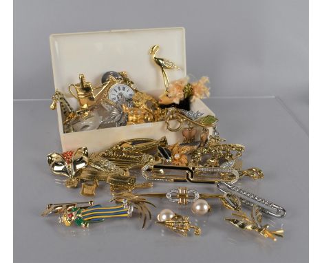 A Collection of Various Vintage and Contemporary Costume Jewellery Brooches and Earrings to include Harp, 1928 Clock Face, Sw