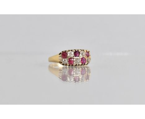 A Late 19th Century 18ct Gold, Diamond and Ruby Panel Cluster Ring, Chequerboard Design with Five Circular Old Cut Diamonds a