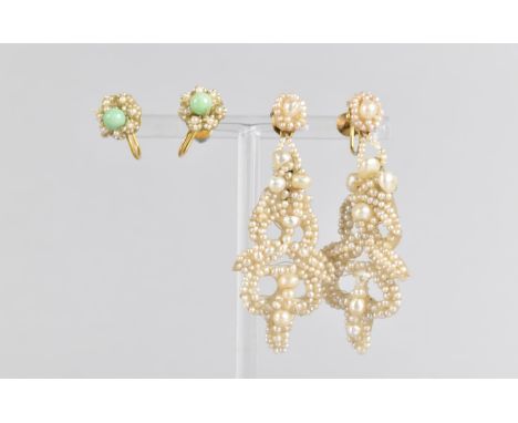 A Pair of Jade and Seed Pearl Cluster Earrings Comprising 4.7mm Apple Green Jade Bead, Thread Mounted on a Mother of Pearl Fr