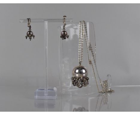 A Suite of Finnish Jewellery by Inari, Pendant and Screw Back Earrings, Traditional Komsiopallo Form, or Cradle Ball- The Cra