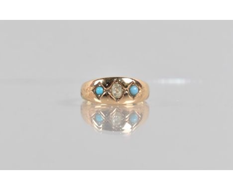 A Victorian 18ct Gold, Diamond and Turquoise Three Stone Gypsy Ring, Central Oval Mine Cut Diamond approx 4mm by 3mm, Grain S