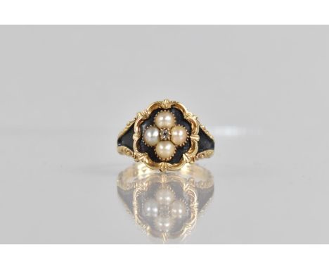 A Late Georgian 18ct Gold, Pearl, Diamond and Black Enamel Mourning Ring, Central Mine Cut Diamond in Collet Mount and Flanke