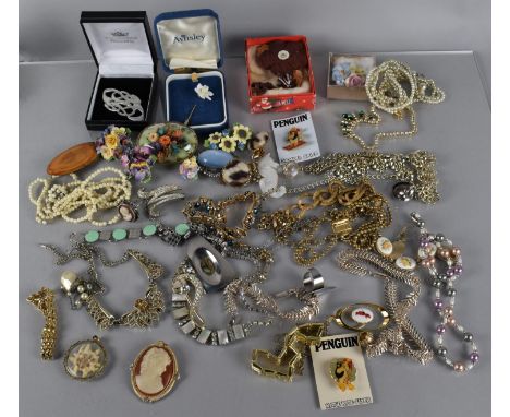 A Collection of Various Vintage Costume Jewellery to comprise Aynsley and Royal Staffordshire Floral Ceramic Brooches, Rhines