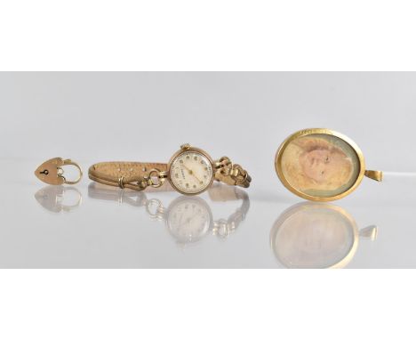 A 15ct Gold Framed Picture Pendant, having Dual Glazed Panels, One Housing Watercolour of Young Girl, Verso with Lock of Hair