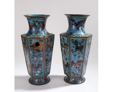 Pair of Chinese cloisonne vases, with waisted necks above tapering hexagonal bodies, the light blue ground with dog of fo dec