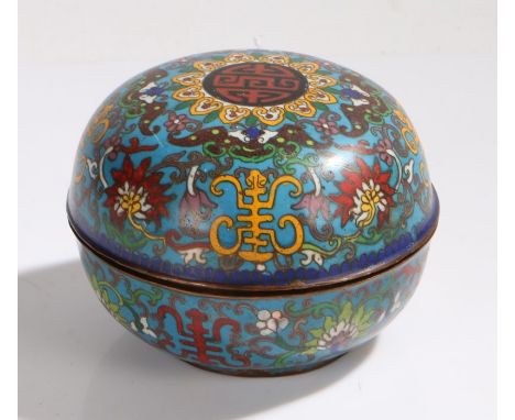 Chinese cloisonne pot and cover, the blue ground with scroll and foliate decoration, 14cm diameter