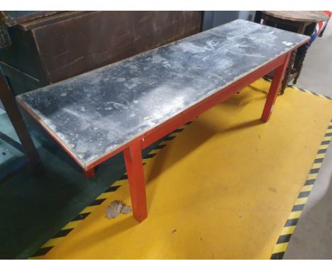 * Vintage lead topped low level table with an interesting patina and rivett details- 1800w x 600d x 650h