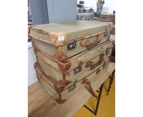 * 3 x green fabric vintage suitcases