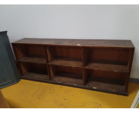 * superb solid oak shelf/storage unit with original brass name plates intact. 2320w x 420d x 900h