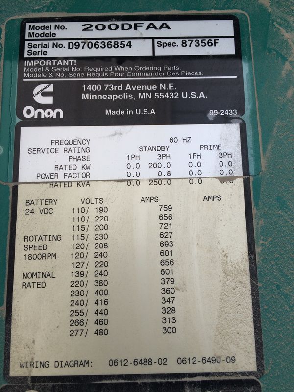 Onan GenSet Generator, Model 200DFAA, Serial Number D970636854, Spec ...