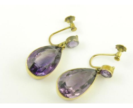 A PAIR OF ROUND AND PEAR SHAPED AMETHYST EARRINGS IN GOLD, MARKED 9CT