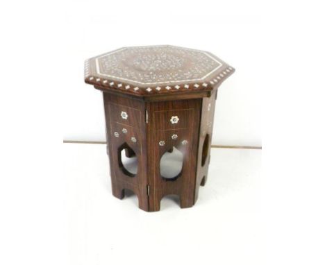 A RUSTIC LIGHTWOOD STOOL, AN INDIAN BRASS INLAID BOX AND A MINIATURE TEAK TABLE