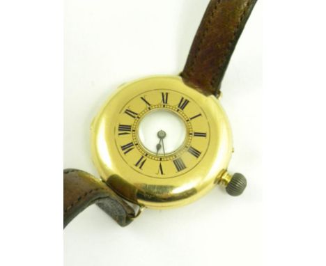 A SWISS 18CT GOLD HALF HUNTING CASED WRISTWATCH, THE BACK ENAMELED IN BLUE WITH A MONOGRAM, EARLY 20TH CENTURY