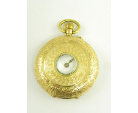 A GOLD HALF HUNTING CASED KEYLESS CYLINDER WATCH, MARKED 14K