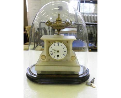 A 19TH CENTURY GILTMETAL MOUNTED ALABASTER MANTLE CLOCK WITH FRENCH MOVEMENT ON EBONISED BASE BENEATH GLASS SHADE