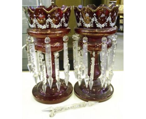 A PAIR OF RUBY FLASHED GLASS LUSTRES, ENAMELED WITH SWAGS, LATE 19TH CENTURY