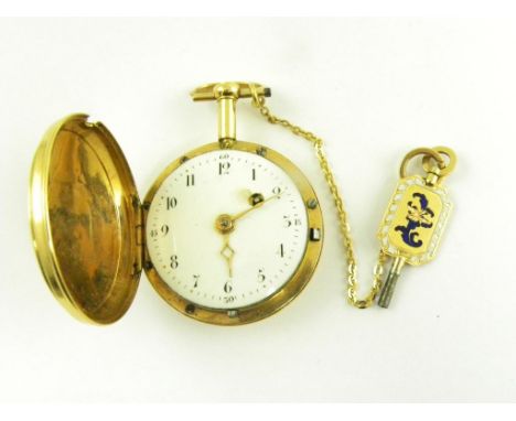 A CONTINENTAL GOLD HUNTING CASED VERGE FOB WATCH, EARLY 19TH CENTURY, MARKED K18 AND A CONTEMPORARY GOLD AND ENAMEL WATCH KEY