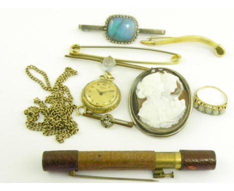 A CAMEO BROOCH, AN OPAL FIVE STONE RING IN GOLD, A MOONSTONE BAR BROOCH IN GOLD AND SEVERAL OTHER ARTICLES