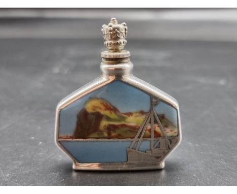 An Art Deco white metal and enamel 'Gibraltar' scent bottle and stopper,&nbsp;6cm high. 