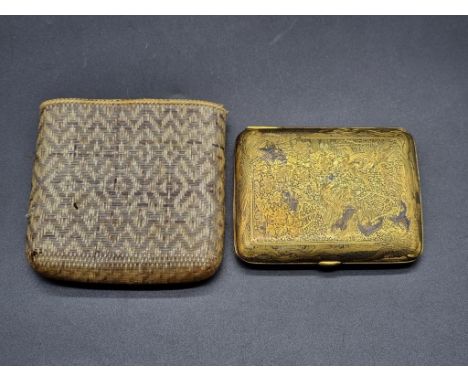A Japanese gilt metal and enamel cigarette case, decorated allover with exotic birds and pagodas, 9 x 7cm. 