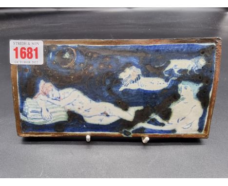 Studio Pottery: an Eric James Mellon 'Dreaming of Lions' stoneware tile, signed, inscribed and dated 1997, 9.5 x 19.5cm. 