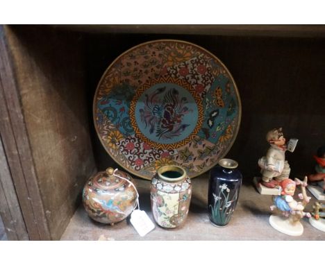 An interesting collection of Japanese cloisonne enamel, comprising: a plate, 30cm diameter; an ovoid vase and cover, 10cm hig