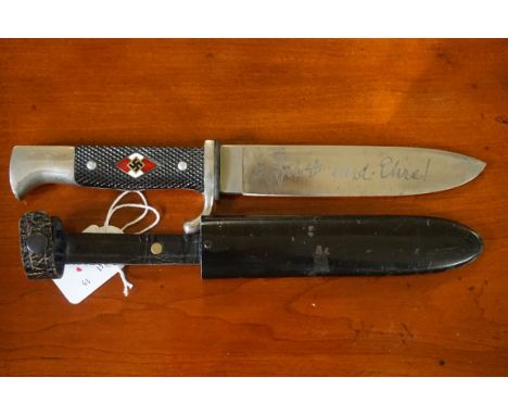 A German Third Reich 'Hitler Youth' dagger and sheath, having 14cm blade.