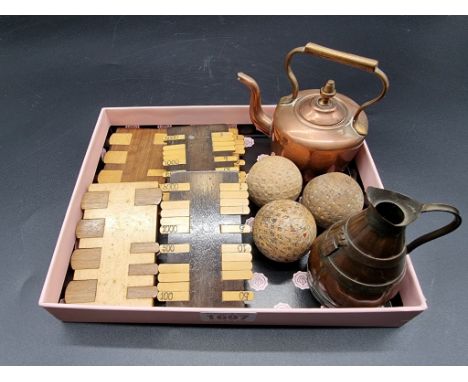 A mixed lot, comprising&nbsp;five antique bezique or whist markers; together with three vintage golf balls; a small copper ju