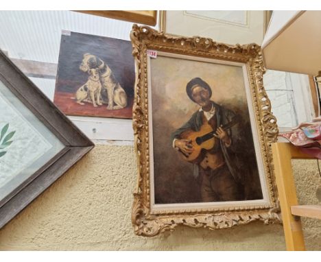 European School, late 19th century, three quarter length portrait of a man with a guitar, oil on canvas, 39 x 29cm; together 