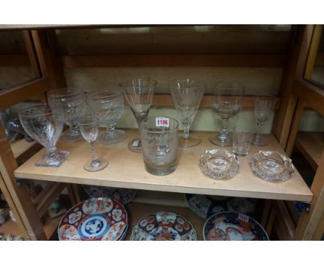 An interesting group of antique glass,&nbsp;to include: a pair of cut glass rummers; another 19th century example, with 'lemo