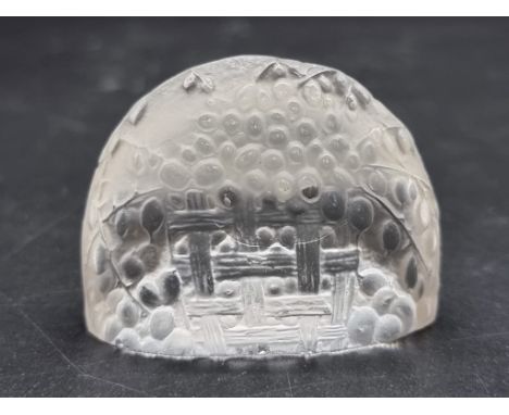An R Lalique 'Cassis' clear and frosted glass menu holder,&nbsp;5.5cm wide.&nbsp; 