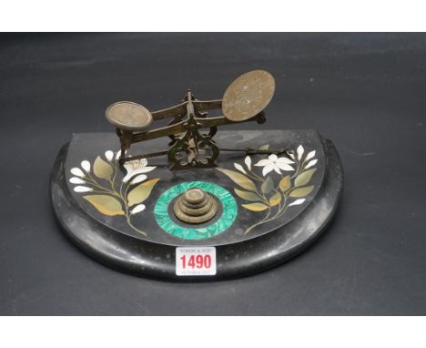 A set of Victorian slate and pietra dura postage scales,&nbsp;26.5cm wide.&nbsp; 