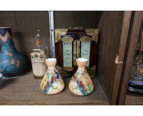 A pair of Locke &amp; Co Worcester vases, 9.5cm high; together with a Chinese hardwood and jade casket, 21cm high; and two ot
