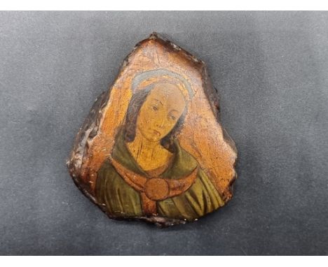 Anna Chamiec (Polish), 'The Beautiful Madonna', extensively inscribed and dated 1965 verso, oil on roof tile?, 10 x 8.5cm. 
