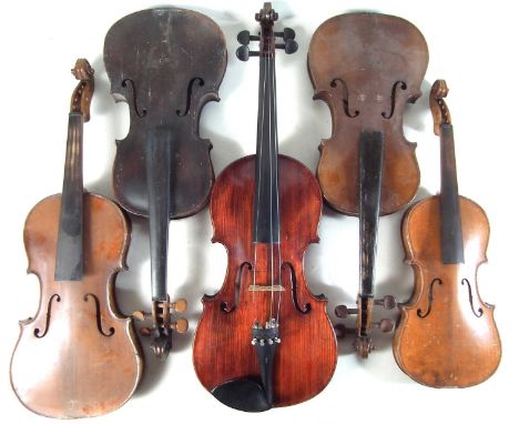 Four violins, three of 4/4 size and one 1/2, also a viola in case.