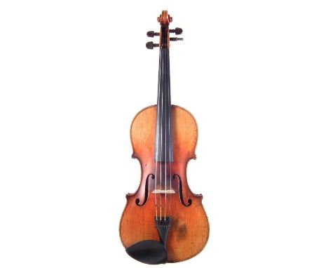 German Viola, after Stradivari, with two piece back and worn golden orange varnish, with bow and case. Length of back measure