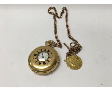 A 18 ct gold half hunter button wind pocket watch with attached 9 ct chain and guinea , watch chain and coin  48 grams.